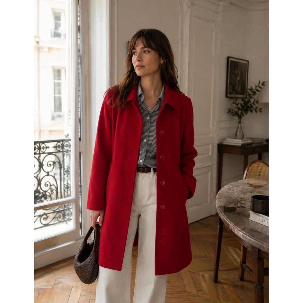 Lands End Womens Red 100% Wool Pea Coat Sz 10 Regular Button Front Long Length - Picture 2 of 6
